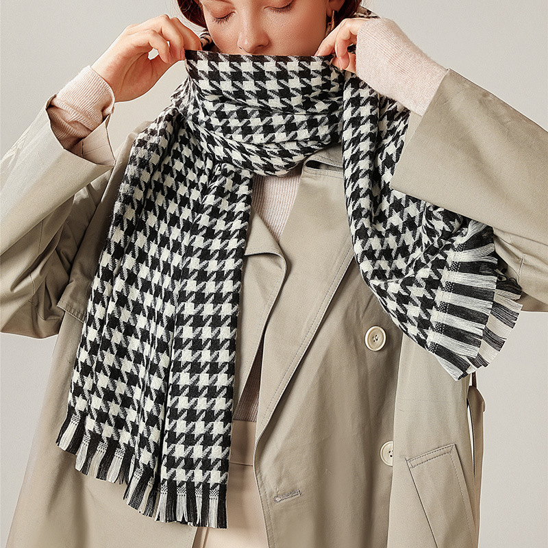 Houndstooth Scarf Winter Women&#039;s New European and American Cashmere Warm Tassel Shawl Thickened Cold-Proof Scarf Scarf