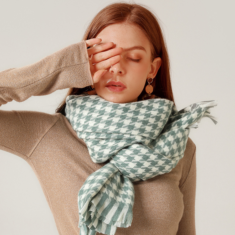 Houndstooth Scarf Winter Women&#039;s New European and American Cashmere Warm Tassel Shawl Thickened Cold-Proof Scarf Scarf