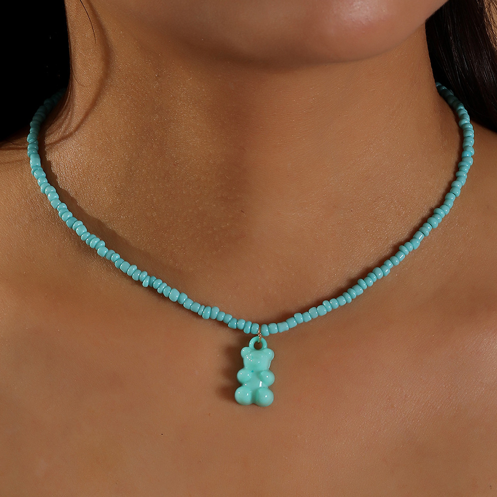 Nz2241 Naizhu Ins Hip Hop Sweet Cool Teddy Bear Necklace Soft Girl Candy Color Handmade Bead Necklace