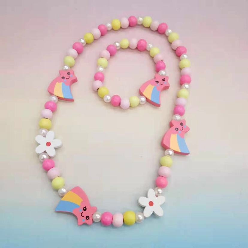 Children&#039;s Wooden Chain Candy Color Cartoon Bracelet Wooden Bead Color Necklace Set Clothing Accessories