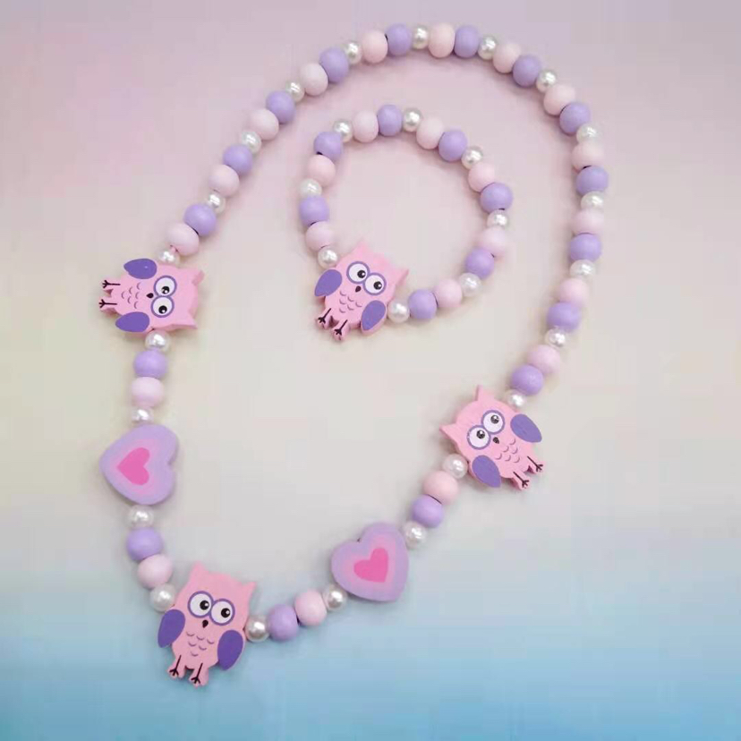 Children&#039;s Wooden Chain Candy Color Cartoon Bracelet Wooden Bead Color Necklace Set Clothing Accessories
