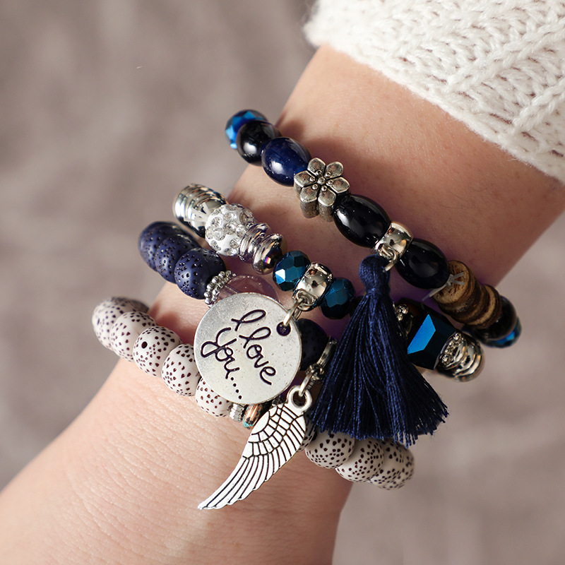 Ethnic Style Vintage Wooden Buddha Beads Bracelet Flower Alloy Bodhi Leaf Tassel Bracelet for Women Candy Bead