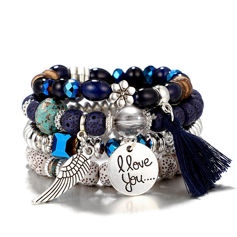 Ethnic Style Vintage Wooden Buddha Beads Bracelet Flower Alloy Bodhi Leaf Tassel Bracelet for Women Candy Bead