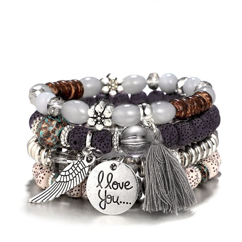 Ethnic Style Vintage Wooden Buddha Beads Bracelet Flower Alloy Bodhi Leaf Tassel Bracelet for Women Candy Bead