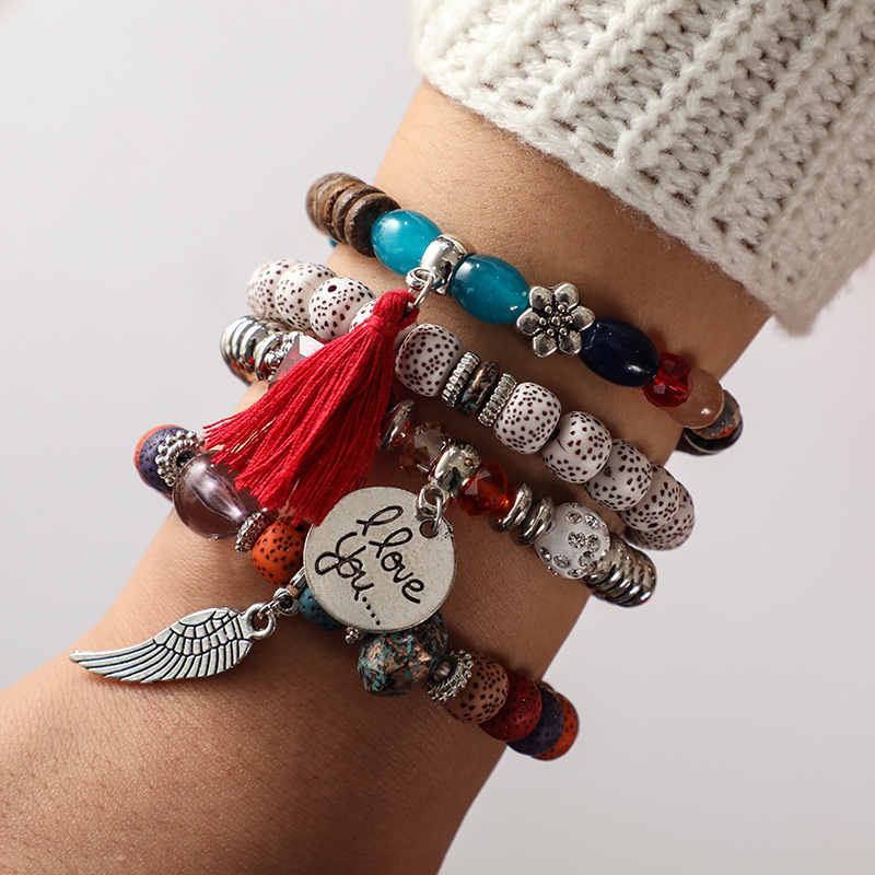 Ethnic Style Vintage Wooden Buddha Beads Bracelet Flower Alloy Bodhi Leaf Tassel Bracelet for Women Candy Bead