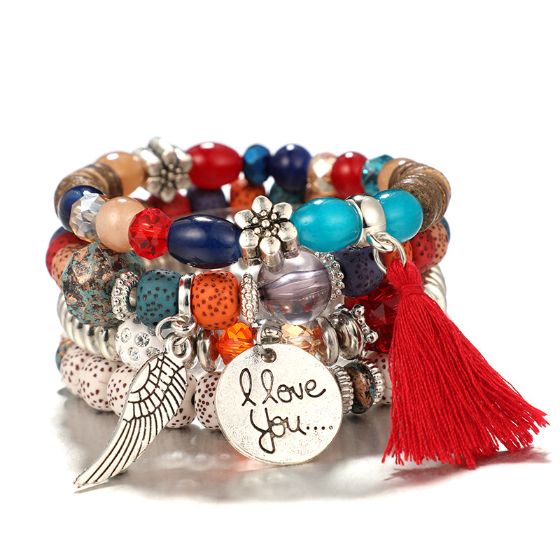 Ethnic Style Vintage Wooden Buddha Beads Bracelet Flower Alloy Bodhi Leaf Tassel Bracelet for Women Candy Bead