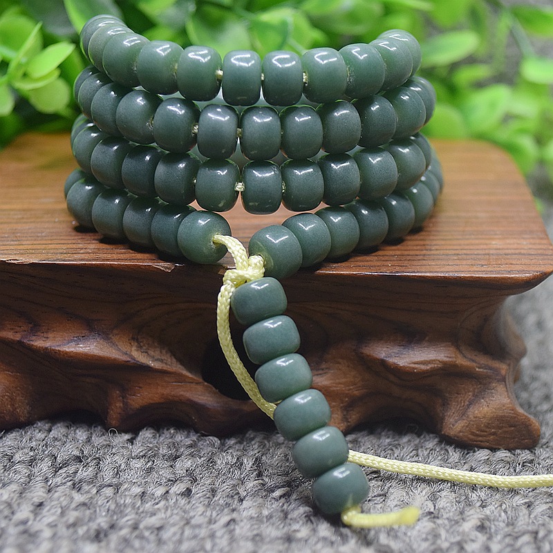Natural Dark Green Emerald Green Bodhi Root 108 Yin Skin Bodhi Root Barrel Beads Flat round Bead
