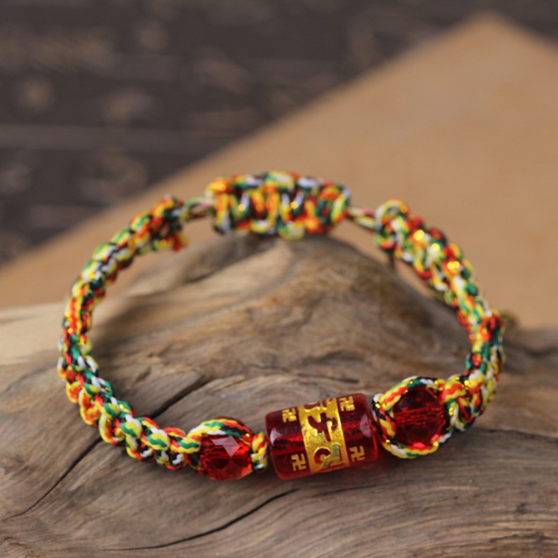 Five Elements Beads Tibetan Buddhist Bracelet Colorful Wire Woven plus Six Words Mantra Glass Bead Flat Knot Woven Bracelet