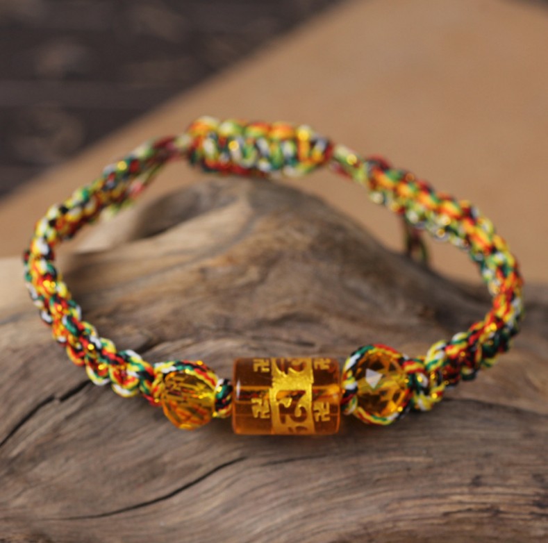 Five Elements Beads Tibetan Buddhist Bracelet Colorful Wire Woven plus Six Words Mantra Glass Bead Flat Knot Woven Bracelet