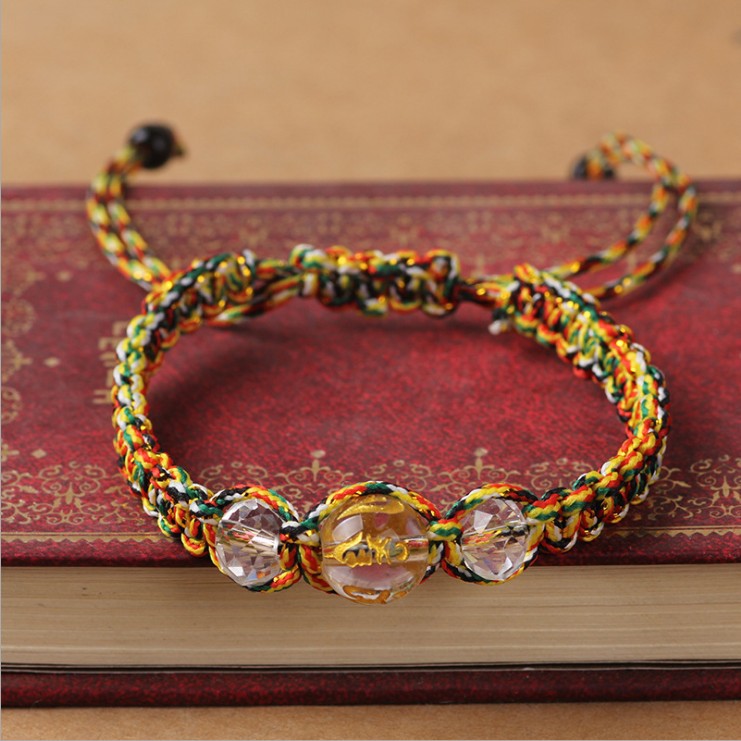Five Elements Beads Tibetan Buddhist Bracelet Colorful Wire Woven plus Six Words Mantra Glass Bead Flat Knot Woven Bracelet