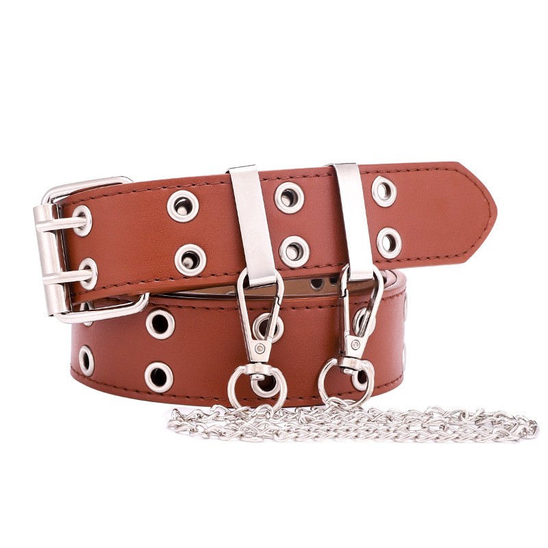 New Punk DoubleRow Air Hole Women&#039;s Waistband Korean Version of the Jeans Fashion Chain Decoration Corns Leather Belt