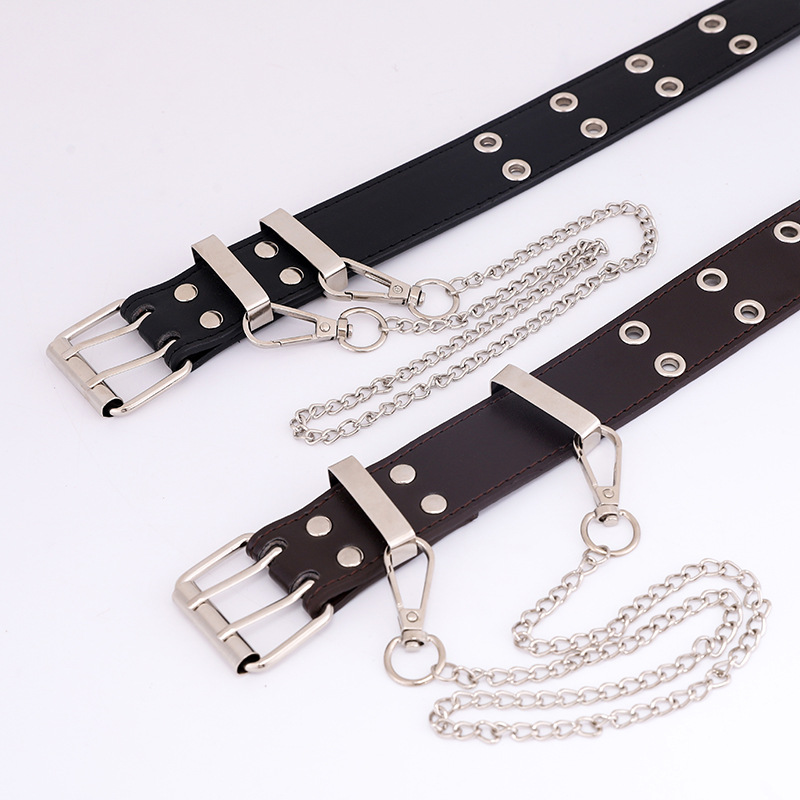 New Punk DoubleRow Air Hole Women&#039;s Waistband Korean Version of the Jeans Fashion Chain Decoration Corns Leather Belt