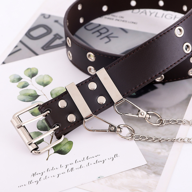New Punk DoubleRow Air Hole Women&#039;s Waistband Korean Version of the Jeans Fashion Chain Decoration Corns Leather Belt