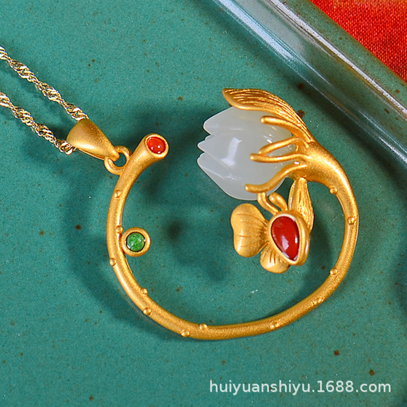 Natural 925 Silver Inlaid Enamel Hetian Jade Retro Style Pendant Old Gold Silver Jewelry Brooch Pendant Live Supply