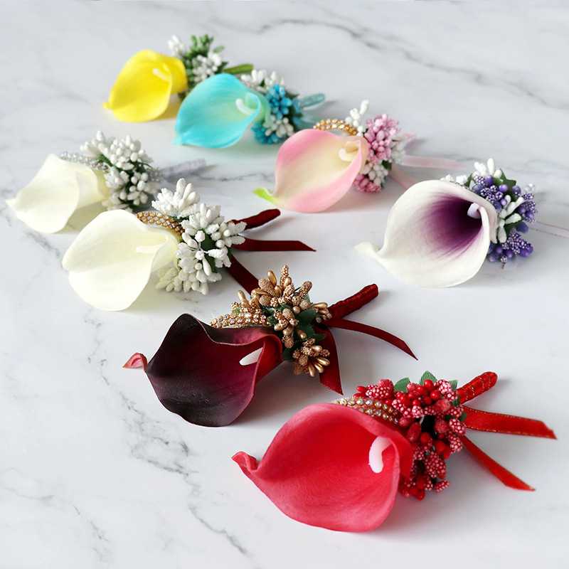 Wedding Corsage European Style Bridegroom Bride Boutonniere Pu Calla Lily Handmade Brooch Dance Party Simulation Bouquet