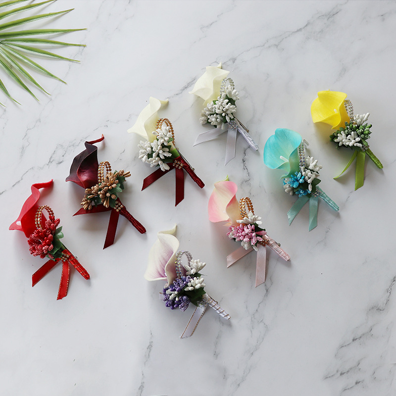 Wedding Corsage European Style Bridegroom Bride Boutonniere Pu Calla Lily Handmade Brooch Dance Party Simulation Bouquet