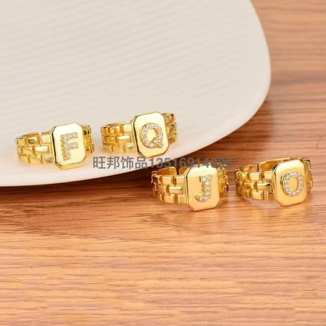 European and American Fashion Strap Letters Ring Foreign Trade Creative 16K Gold Diamond Letters Open Ring Cross-Border Wholesale H