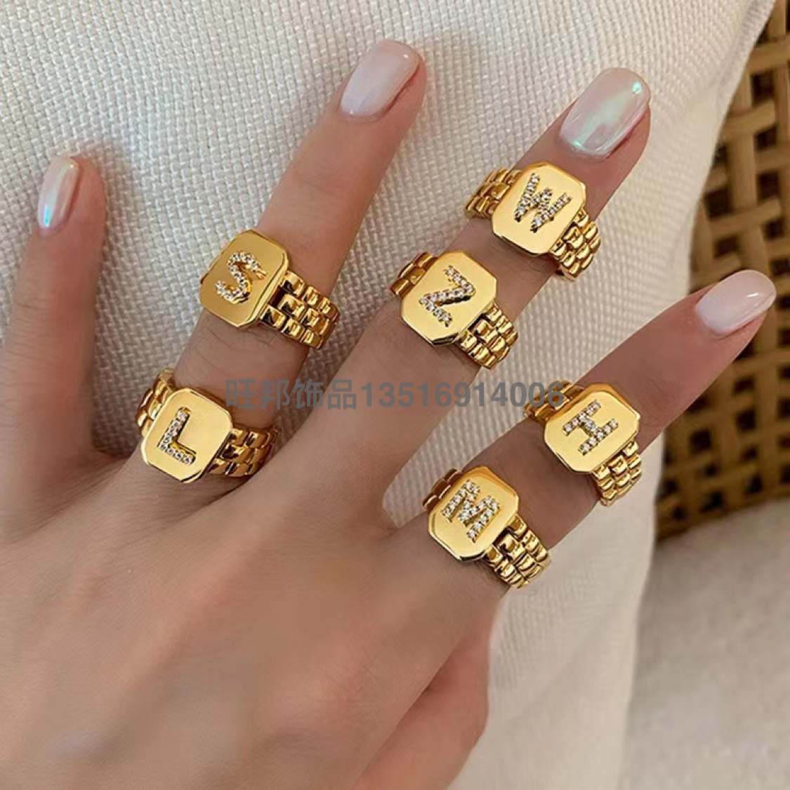 European and American Fashion Strap Letters Ring Foreign Trade Creative 16K Gold Diamond Letters Open Ring Cross-Border Wholesale H
