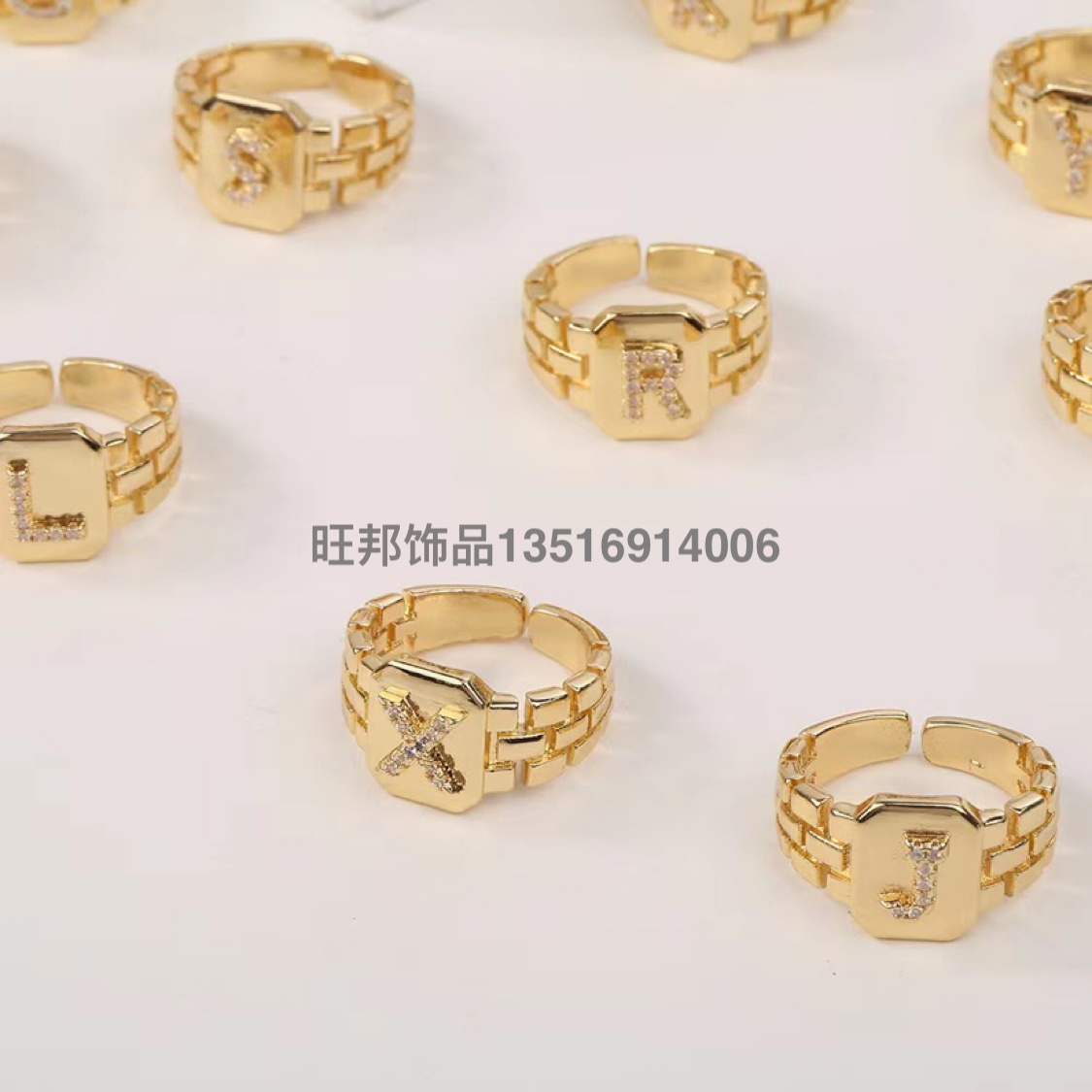 European and American Fashion Strap Letters Ring Foreign Trade Creative 16K Gold Diamond Letters Open Ring Cross-Border Wholesale H