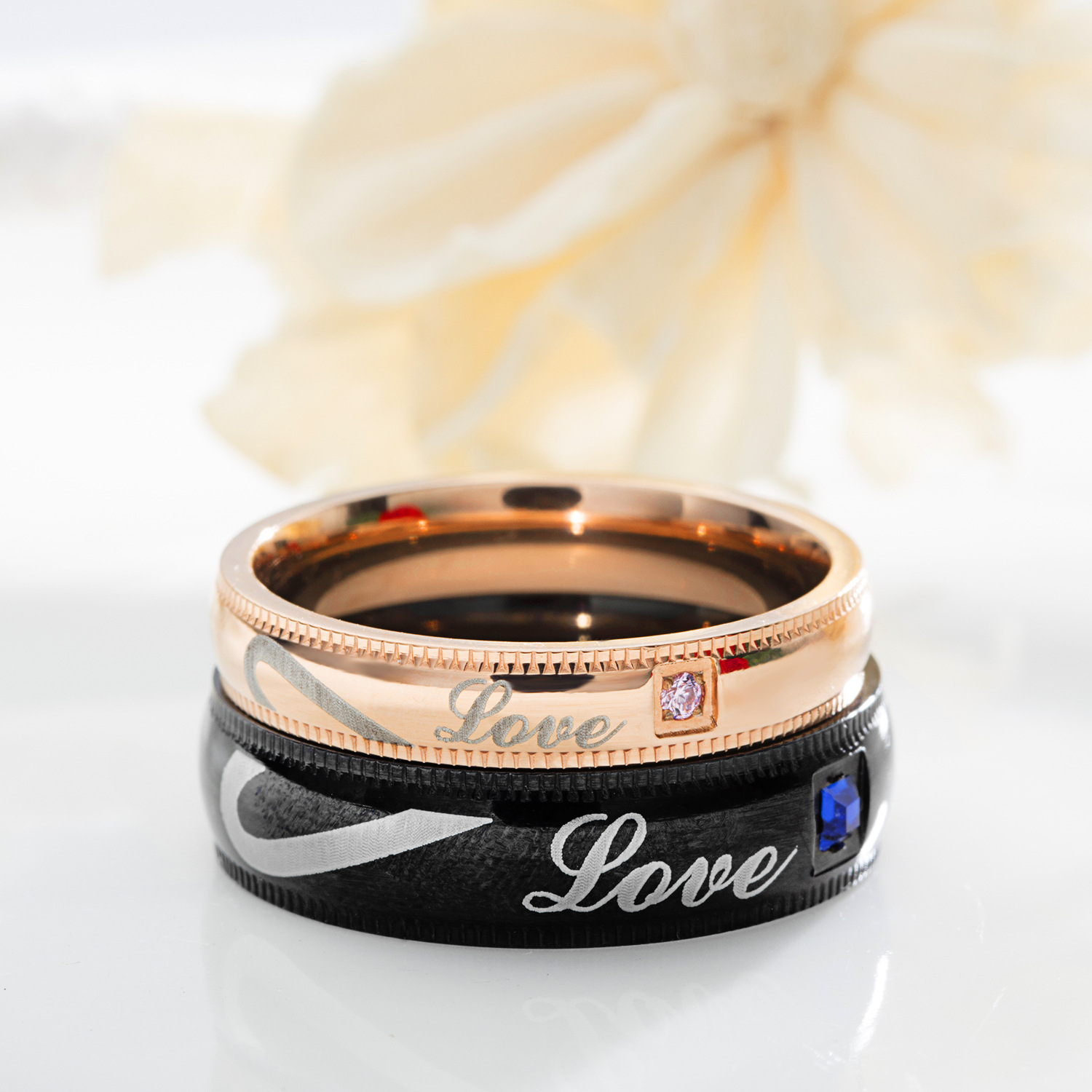 Titanium steel flower edge ring LOVE combination LOVE couple ring