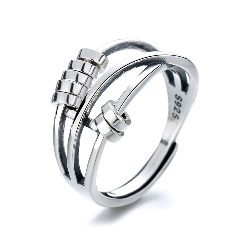 Ring S925 Sterling Silver Fashionable Elegant Women&#039;s Three-Ring Smart Index Finger Ring Lucky Multi-Ring Lucky Beads Wish Silver Accessories