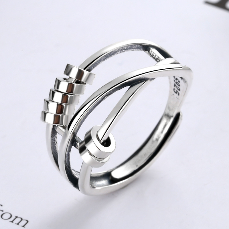 Ring S925 Sterling Silver Fashionable Elegant Women&#039;s Three-Ring Smart Index Finger Ring Lucky Multi-Ring Lucky Beads Wish Silver Accessories
