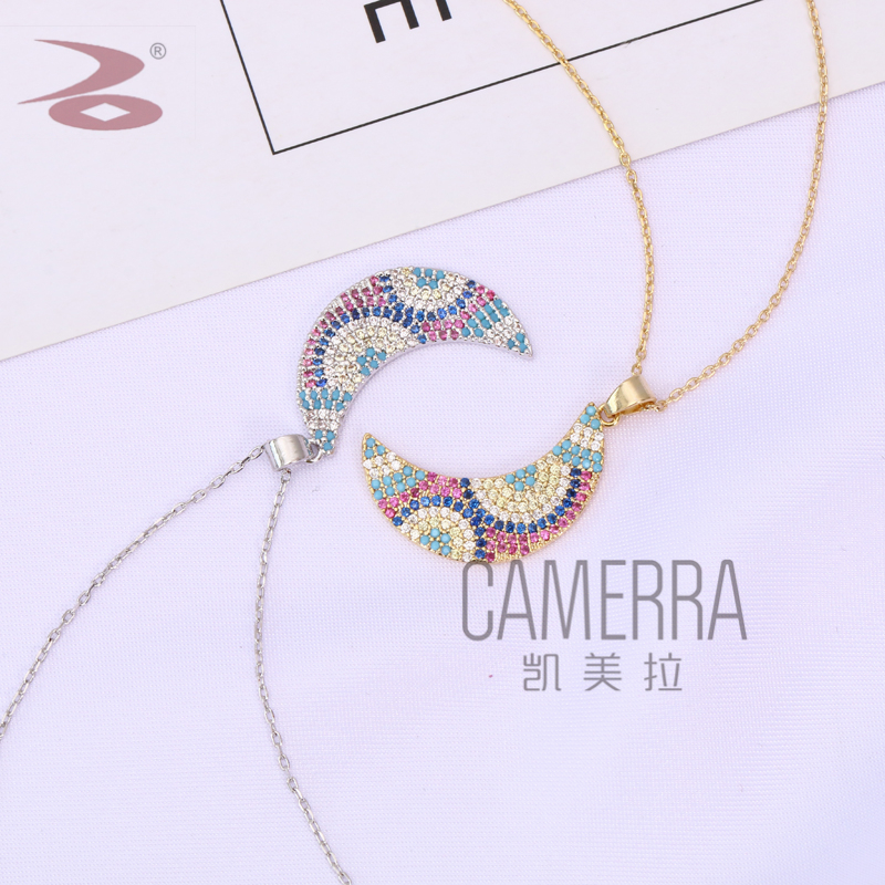 Hot-Selling New Arrival Crescent Shape Colorful Zircon Inlaid Necklace Simple Gold-Plated Copper Zirconium Necklace Factory Direct Sales
