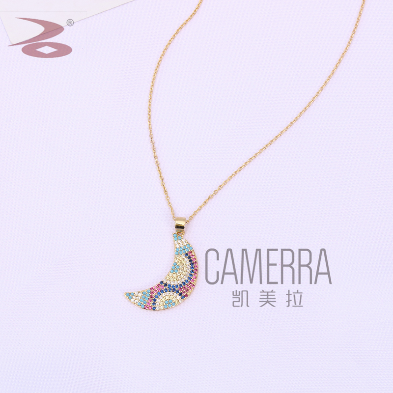 Hot-Selling New Arrival Crescent Shape Colorful Zircon Inlaid Necklace Simple Gold-Plated Copper Zirconium Necklace Factory Direct Sales