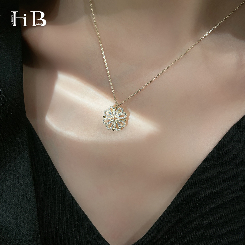 Niche Personality Design Full Diamond Small Love Heart One Multi-Wear Clavicle Chain Magnet Love Clover Necklace for Women