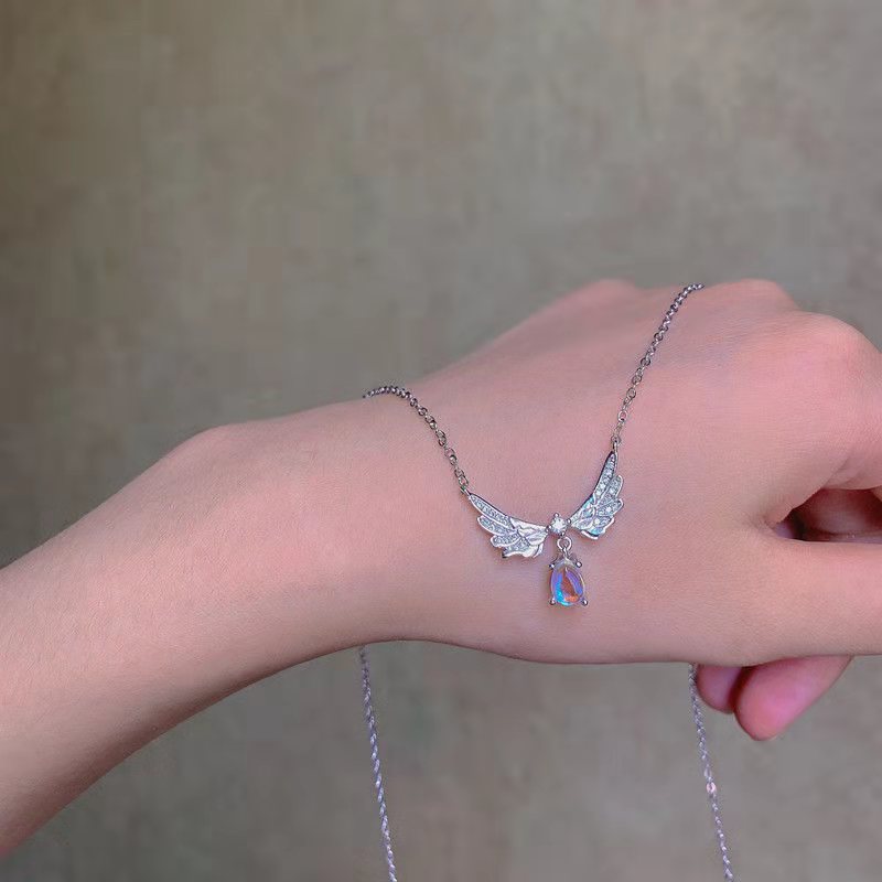 Angel Wings Sterling Silver Necklace for Women Ins Non-Fading Moonstone Special-Interest Design Light Luxury Online Influencer Clavicle Chain