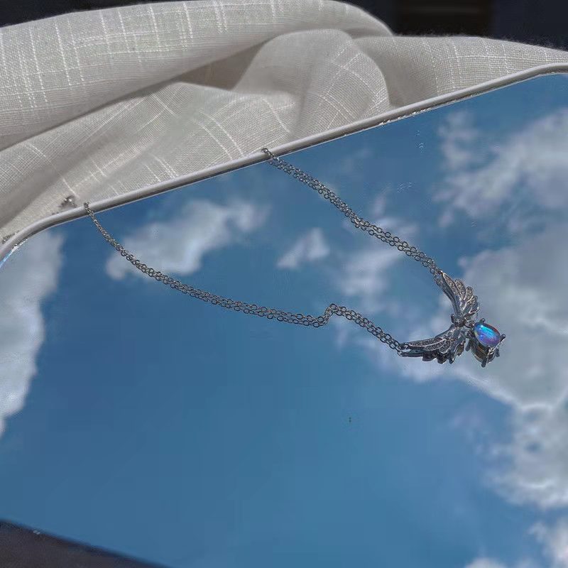 Angel Wings Sterling Silver Necklace for Women Ins Non-Fading Moonstone Special-Interest Design Light Luxury Online Influencer Clavicle Chain