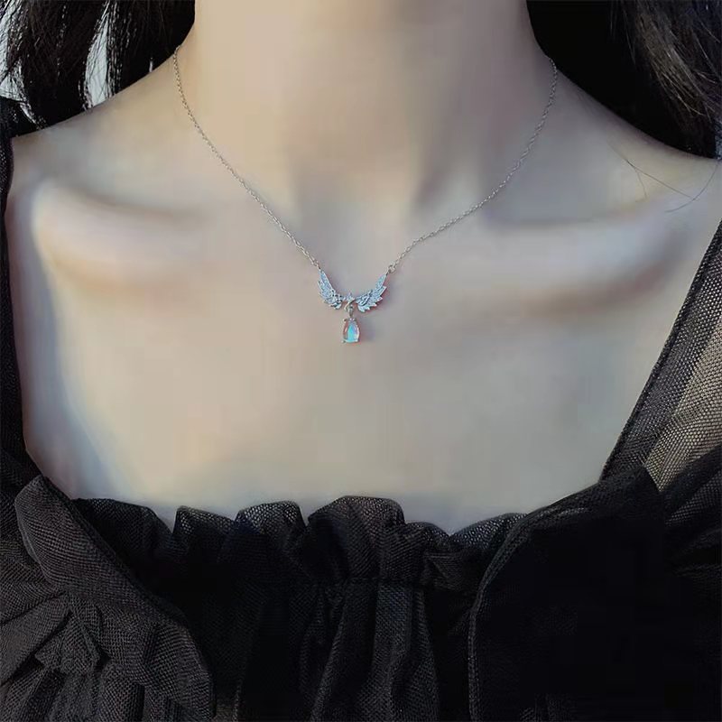 Angel Wings Sterling Silver Necklace for Women Ins Non-Fading Moonstone Special-Interest Design Light Luxury Online Influencer Clavicle Chain