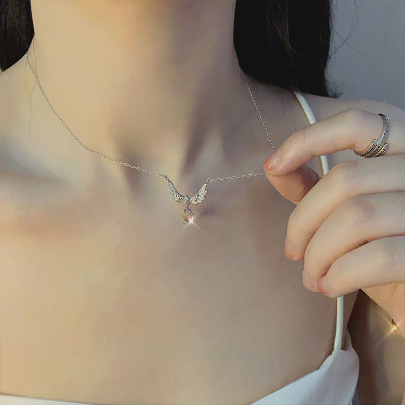Angel Wings Sterling Silver Necklace for Women Ins Non-Fading Moonstone Special-Interest Design Light Luxury Online Influencer Clavicle Chain