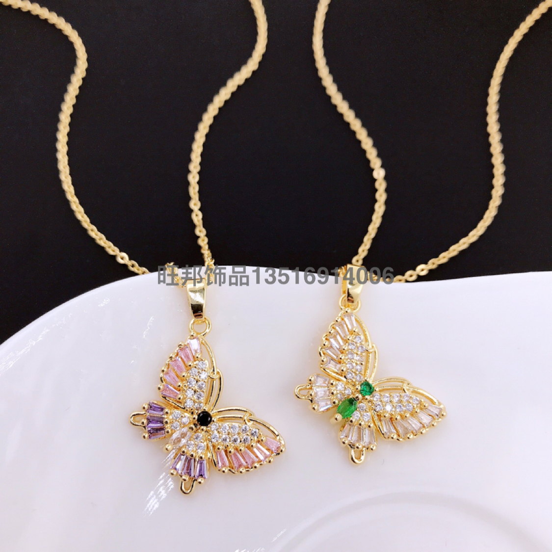 Cross-Border Supply Simple Design Copper Micro Inlaid Zircon Hollow Butterfly Pendant Necklace Female European and American New