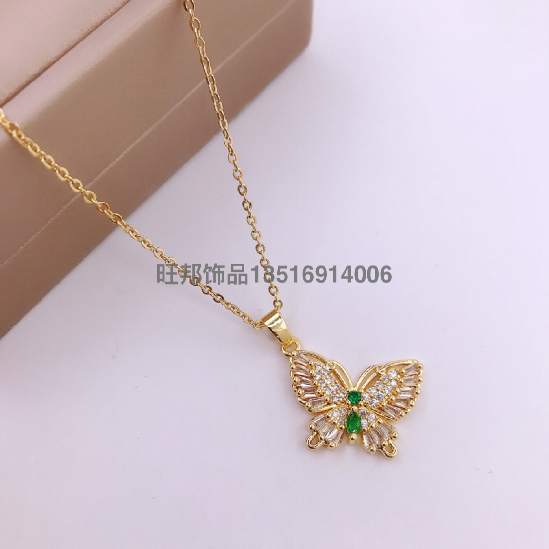 Cross-Border Supply Simple Design Copper Micro Inlaid Zircon Hollow Butterfly Pendant Necklace Female European and American New