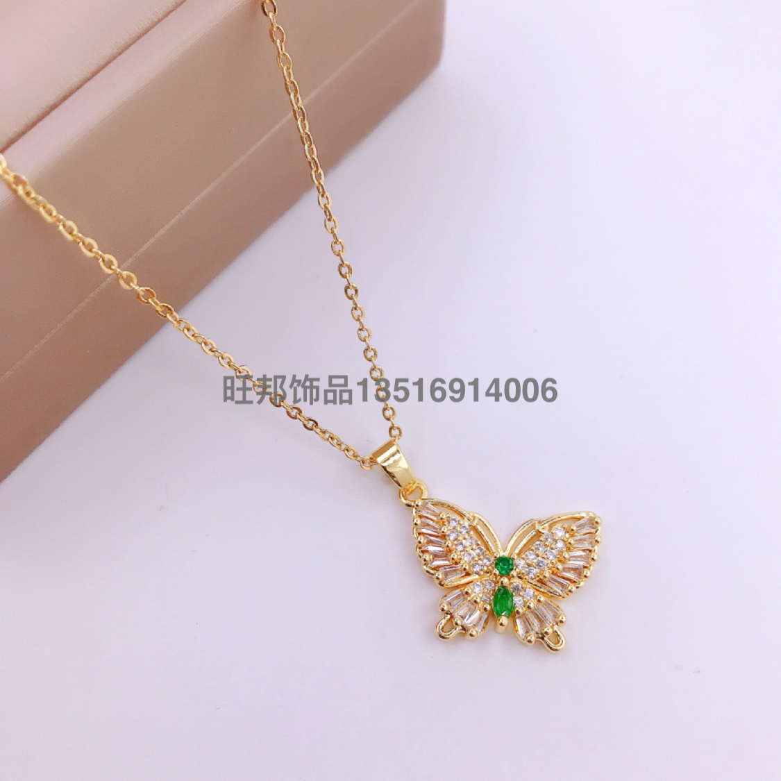 Cross-Border Supply Simple Design Copper Micro Inlaid Zircon Hollow Butterfly Pendant Necklace Female European and American New