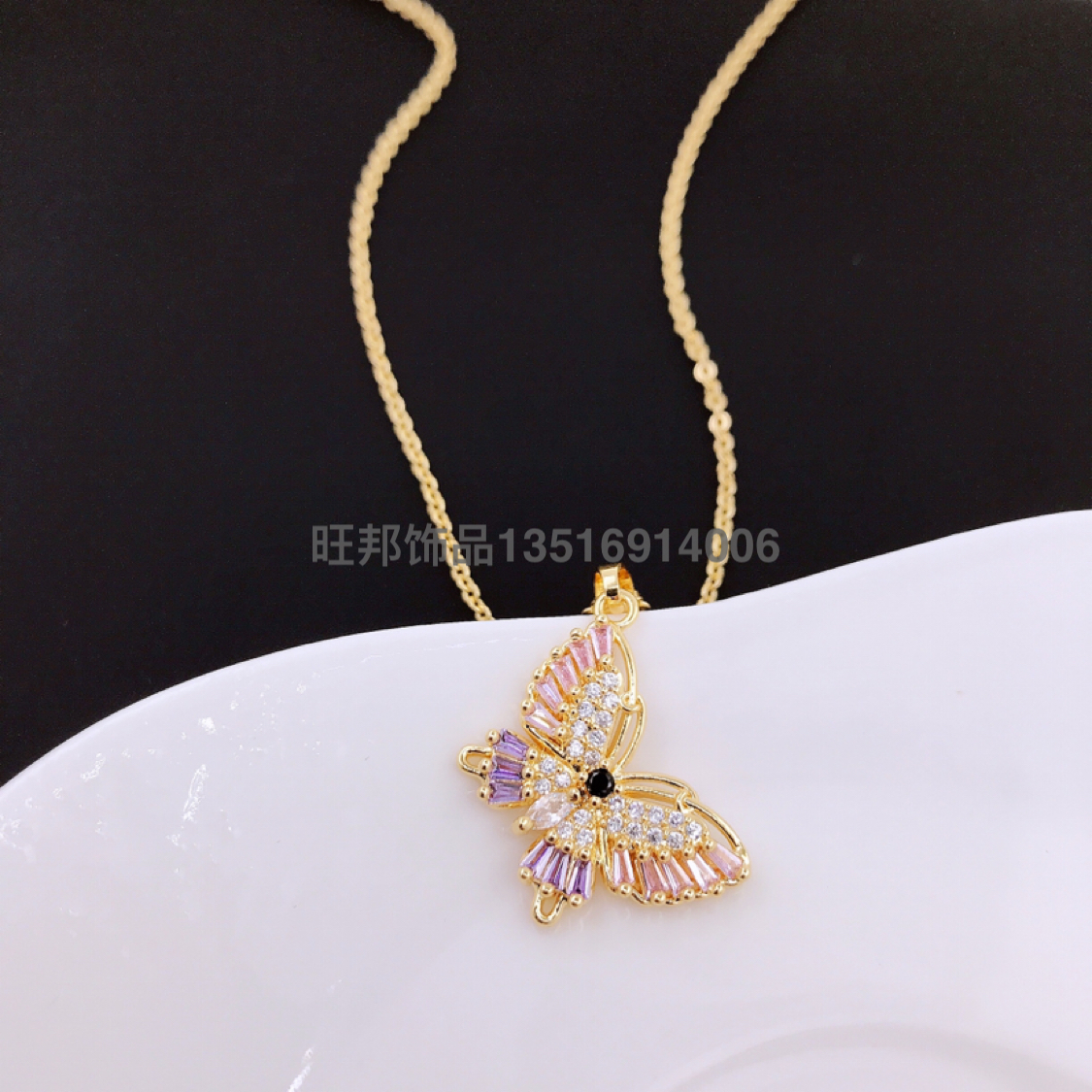 Cross-Border Supply Simple Design Copper Micro Inlaid Zircon Hollow Butterfly Pendant Necklace Female European and American New