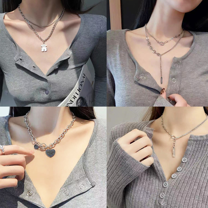 European and American Ins Retro Aloofness Style Titanium Steel Necklace Female Personality Multi-Layer Stainless Steel Clavicle Chain Internet Celebrity Simple Jewelry