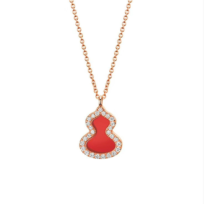 Seiko Calabash Pendent Necklace Female Red Agate White Shell Inlaid with Diamond Rose Gold Clavicle Necklace Calligraphy Chinese Style