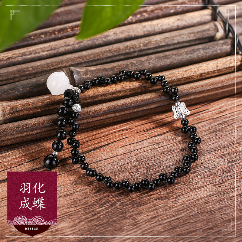 White Jade Bell Anklet Female Korean Style 925 Silver Butterfly Simple Versatile Student Adjustable Mori Style Retro Foot Accessories