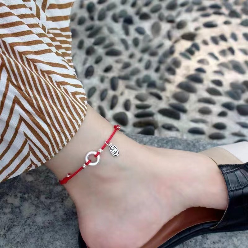 999 Pure Silver Peace Buckle This Animal Year Red Rope Woven Bracelet Anklet