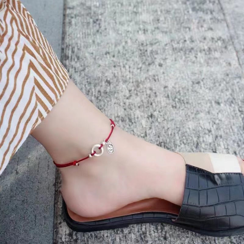 999 Pure Silver Peace Buckle This Animal Year Red Rope Woven Bracelet Anklet