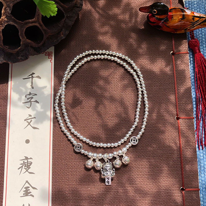 Original Design S925 Sterling Silver Anklet Female Lucky Cat Bell Double Ring All-Matching Fashion Lucky Lucky Anklet