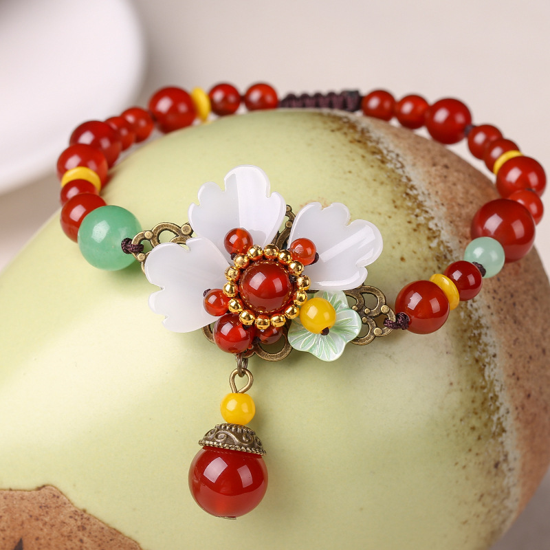 Ethnic Style Aventurine Temperament Anklet Female Retro Colored Glaze Petals Ankle Chain Red Agate Original Woven Foot Accessories