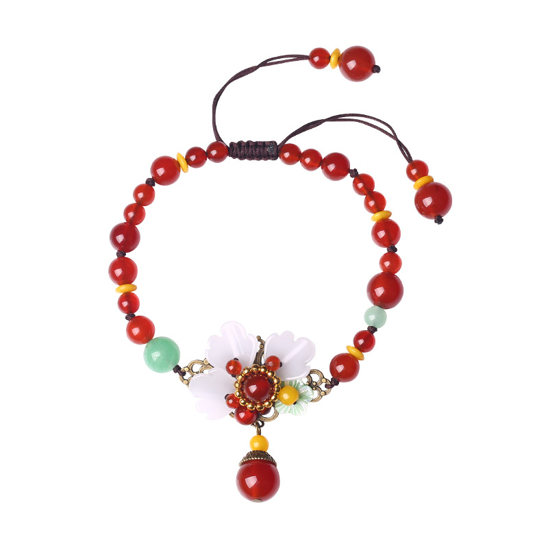 Ethnic Style Aventurine Temperament Anklet Female Retro Colored Glaze Petals Ankle Chain Red Agate Original Woven Foot Accessories
