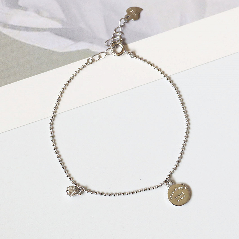 Korean Style S925 Sterling Silver Bracelet Personality Handmade English round Tag Tag Zircon round Bead Silver Anklet for Girls