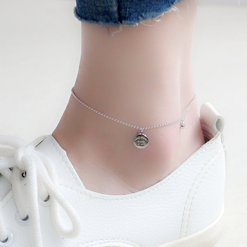 Korean Style S925 Sterling Silver Bracelet Personality Handmade English round Tag Tag Zircon round Bead Silver Anklet for Girls
