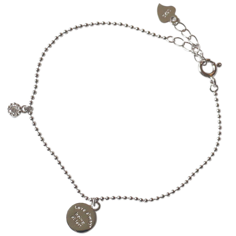 Korean Style S925 Sterling Silver Bracelet Personality Handmade English round Tag Tag Zircon round Bead Silver Anklet for Girls