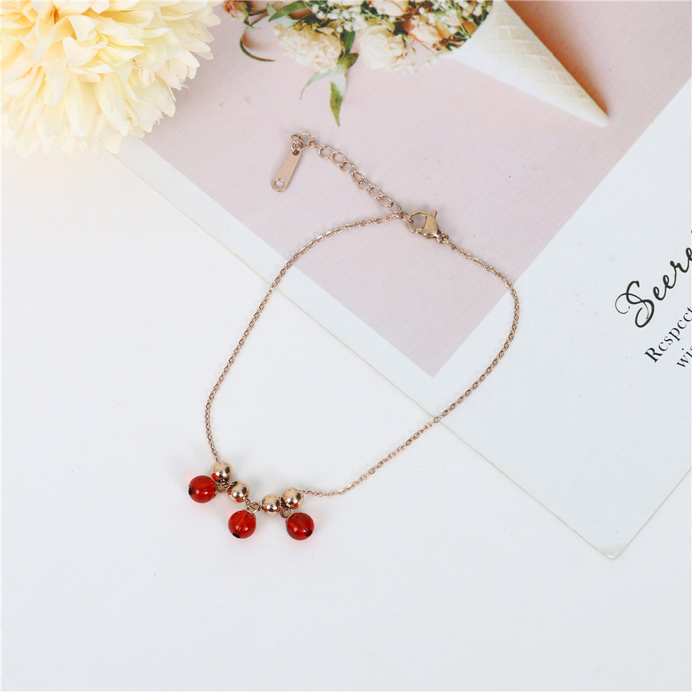 Rose Gold Lucky Anklet Women&#039;s Ancient Style Mori Style Simple Personality Red Bead Anklet Titanium Steel Ornament