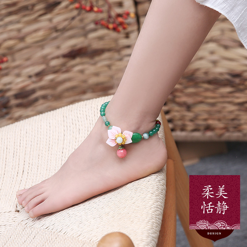 Green Agate Jade Anklet Female Handmade Ancient Style Foot Ornaments Sexy Minimalist Versatile Mori Ankle Chain Yunnan Jade Anklet
